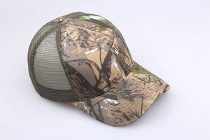 Detailed side view of camouflage trucker hat with breathable olive green mesh back