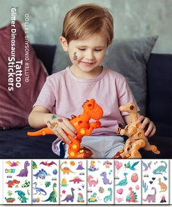 Detailed glitter dinosaur temporary tattoo sheets with various cartoon species for kids