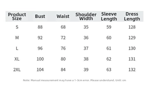 Detailed size chart for the V-neck long-sleeved ethnic print maxi dress in sizes S to 2XL