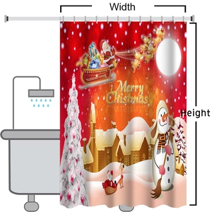 Detail of Christmas shower curtain showing Santa on a sleigh with reindeer and snowman