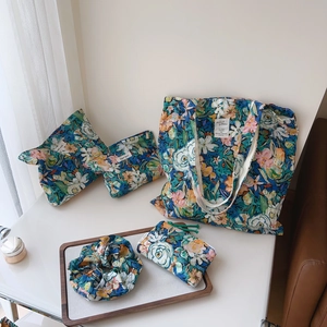 Floral quilted cotton tote bag set with matching cosmetic pouches and hair scrunchie