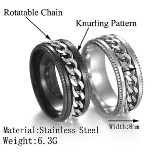 Men's stainless steel spinner ring with rotatable chain and embossed edges 8mm wide