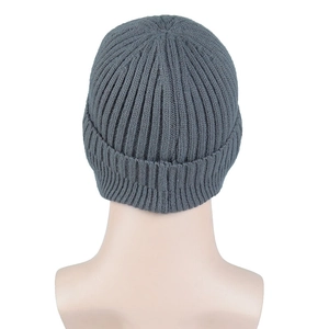 Rear view of grey thermal knit beanie with thick fold-over cuff on a studio mannequin