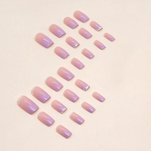 Summer purple gradient fake nails with silver glitter French tips, 24pcs square set