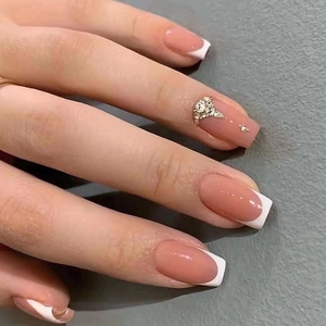 French Tip Press On Nails With Rhinestones Nude Pink Square Round Artificial Fake Nails Reusable Elegant Long