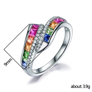 Exquisite rainbow zircon ring in white gold plated finish featuring multi-color gemstones