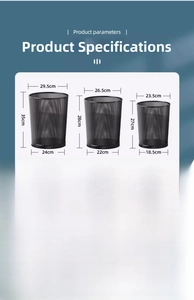 Detailed size chart for black metal mesh waste baskets in small, medium, and large sizes