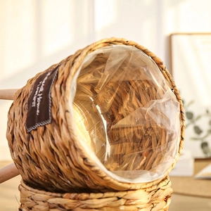 Handwoven straw flower basket with waterproof PE liner and Sweet Home decorative label