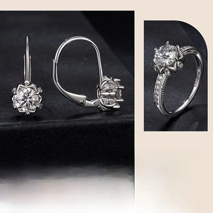 Macro shot of S925 sterling silver ring and earrings set with round cut moissanite stones