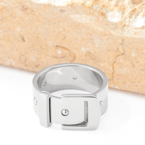 Polished stainless steel belt buckle ring with rivet details in silver finish for women