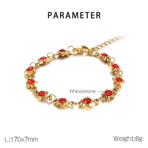 Detailed parameter view of gold star link bracelet with red rhinestones, 170x7mm size