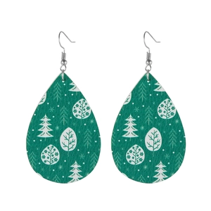 Detailed macro view of green teardrop leather earrings with white Christmas tree print