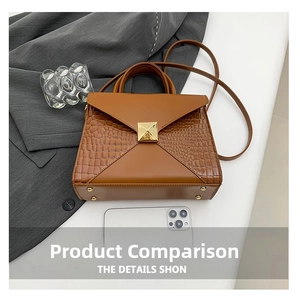 Détail du sac à main marron caramel façon croco avec fermoir pyramide doré et rabat chic