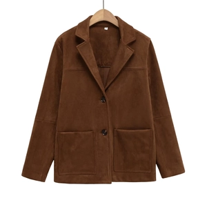 Women's dark brown faux suede blazer jacket with single-breasted buttons and pockets