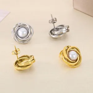 Elegant Spiral Twist Stud Earrings With Shell Artificial Pearl 316L Stainless Steel French Vintage Jewelry For Women