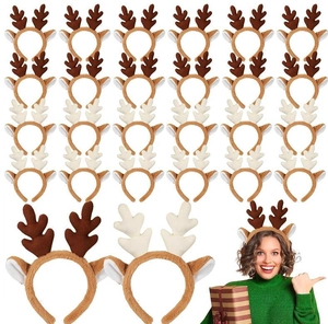 Detail of plush reindeer antler headbands in dark brown and light beige color options