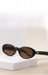 Close-up of retro oval sunglasses with black frames and silver star temple details