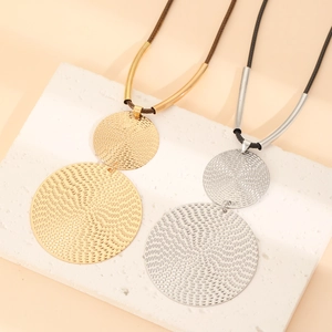 Textured double disc pendant necklaces in gold and silver finish on cord chain