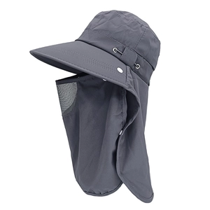 Detail of dark gray UV protection sun hat with breathable face mask and neck cover flap