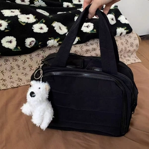 Large capacity black puff handbag cosmetic bag with cute bear charm for travel