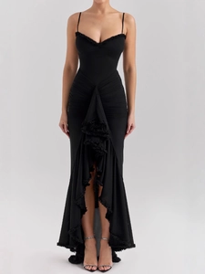 Elegant black V-neck slim-fit midi dress with ruffled hem and spaghetti straps