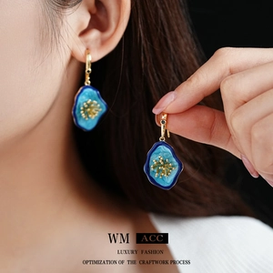 Vintage irregular blue enamel flower drop earrings with zircon in luxury gold-plated finish