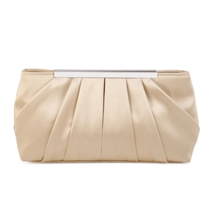 Detail view of champagne pleated satin evening clutch bag with silver metal frame and clasp