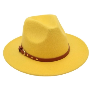 Detail of a bright yellow wool fedora hat with a brown faux leather belt and gold buckle