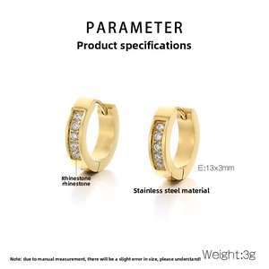 Detail shot of 13x3mm gold-plated stainless steel earrings with sparkling rhinestones