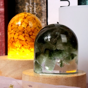 3D semi-cylindrical resin crystal stone night light with LED wooden base stand