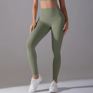 Macro detail of high-waist seamless yoga leggings in Morandi grey-green showing fabric texture