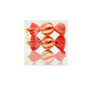 Three red and gold glitter candy cane Christmas tree ornaments in clear plastic box