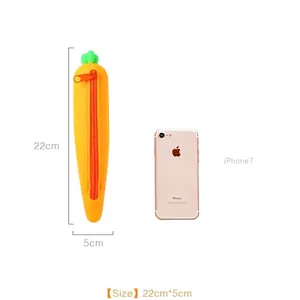 Creative carrot-shaped silicone pencil case with zipper, 22x5cm size comparison with phone