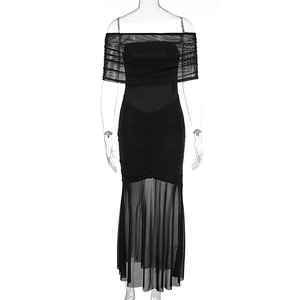 Detail of elegant black off-shoulder mesh splicing dress with slimming ruched body texture