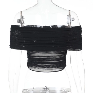 Close-up of black off-the-shoulder mesh top with ruched texture on a model mannequin