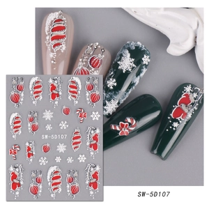 5D embossed Christmas nail decals featuring white snowflakes and red candy cane motifs