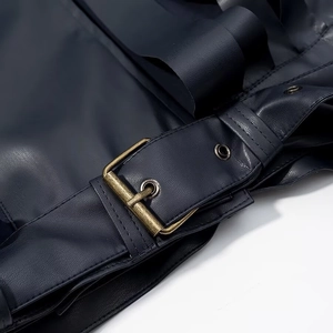 Navy blue faux leather jacket featuring a stylish stand collar and brass buckle waist belt