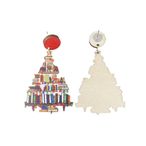 Christmas tree shaped stack of books wooden earrings with colorful printed patterns