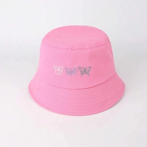 Pink cotton sun bucket hat with gradient butterfly embroidery on a white background
