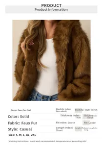 Detailed chart of brown faux fur coat featuring fabric texture, size guide and fit parameters