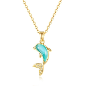 Titanium steel dolphin pendant necklace with blue cat eye stone and cubic zirconia inlay