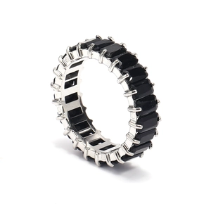 Macro shot of silver titanium steel eternity ring featuring square black zircon inlay