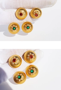 Detailed macro view of brushed gold radial earrings with vibrant zircon stones