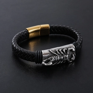 Men's punk scorpion braided leather bracelet with magnetic clasp in black and gold