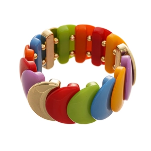 Colorful acrylic moon-shaped elastic bracelet with golden alloy links on a white background