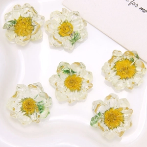 Handmade resin dried flower daisy charms for DIY earrings and hair accessories on a tray
