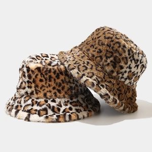 Leopard Print Bucket Hat Faux Fur Plush Winter Warm Sunshade Outdoor Fashion Basin Hat For Women