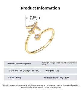 Detailed technical drawing of S925 silver airplane ring with dimensions and weight specs