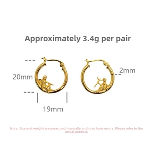 Detail of 20mm gold angel hoop earrings showing size dimensions and cupid relief