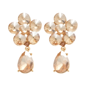 Champagne crystal flower and waterdrop drop earrings in elegant champagne gold finish
